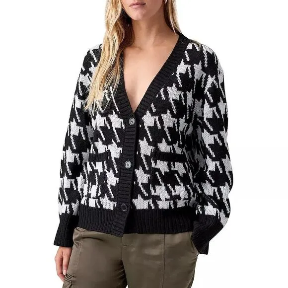 SANCTUARY Warms My Heart Houndstooth Cardigan Sweater Top Black White NWT Small