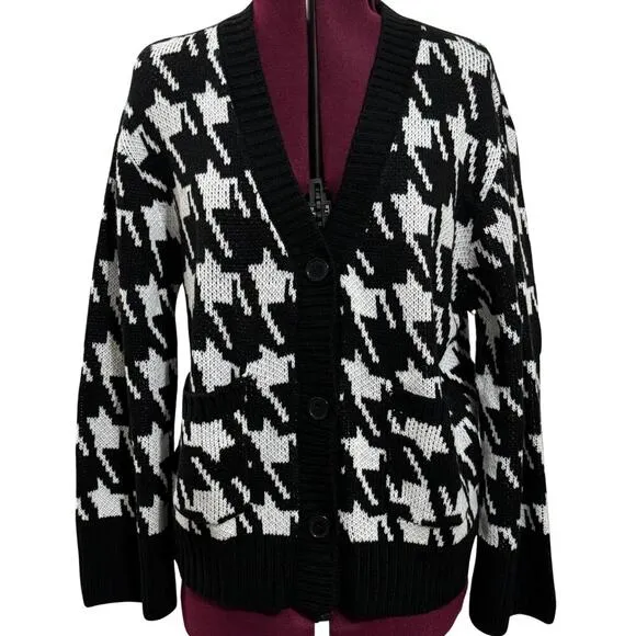 SANCTUARY Warms My Heart Houndstooth Cardigan Sweater Top Black White NWT Small