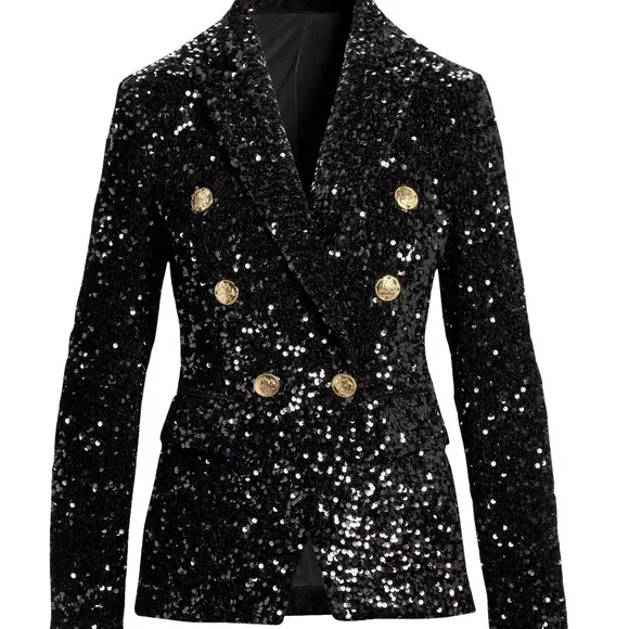 Sequin Double-Breasted Blazer – Black, with Gold Buttons Worn Once Excellent