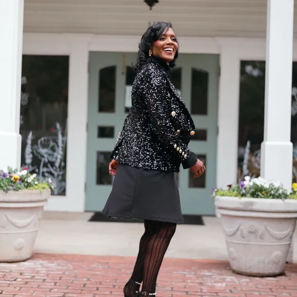 Sequin Double-Breasted Blazer – Black, with Gold Buttons Worn Once Excellent