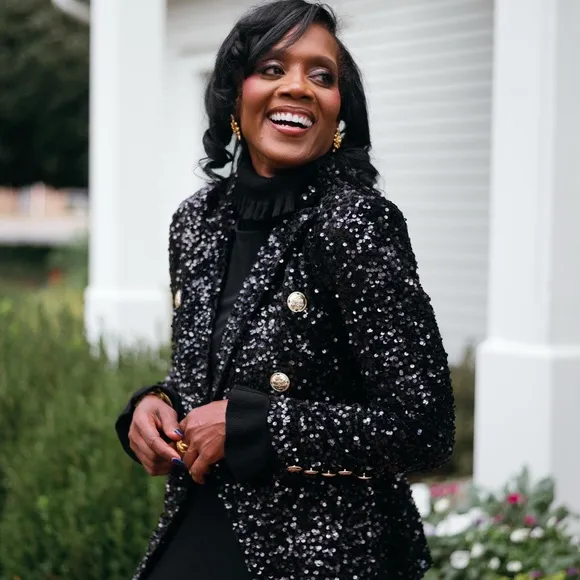 Sequin Double-Breasted Blazer – Black, with Gold Buttons Worn Once Excellent