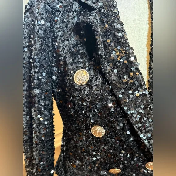 Sequin Double-Breasted Blazer – Black, with Gold Buttons Worn Once Excellent