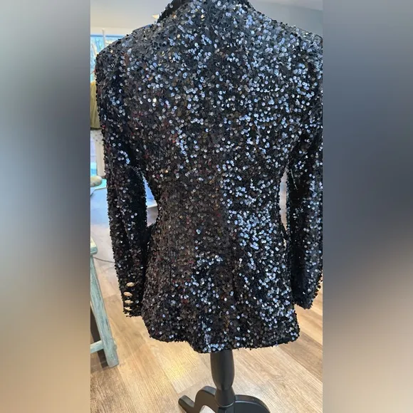 Sequin Double-Breasted Blazer – Black, with Gold Buttons Worn Once Excellent
