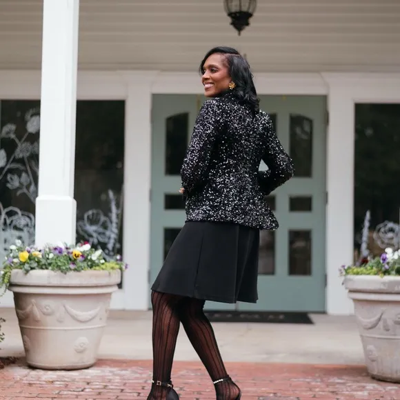 Sequin Double-Breasted Blazer – Black, with Gold Buttons Worn Once Excellent