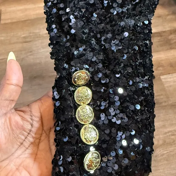 Sequin Double-Breasted Blazer – Black, with Gold Buttons Worn Once Excellent