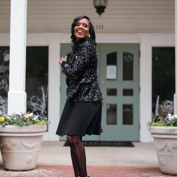 Sequin Double-Breasted Blazer – Black, with Gold Buttons Worn Once Excellent