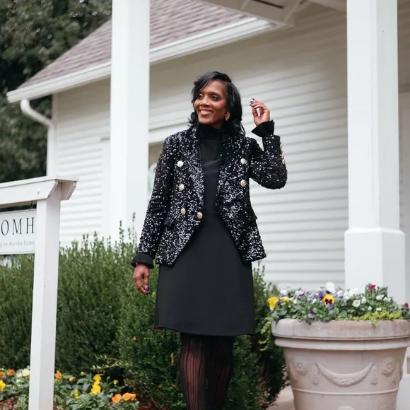 Sequin Double-Breasted Blazer – Black, with Gold Buttons Worn Once Excellent