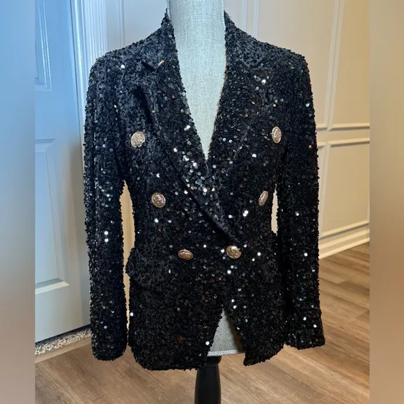 Sequin Double-Breasted Blazer – Black, with Gold Buttons Worn Once Excellent