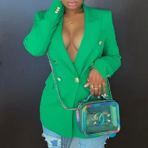 Solid Deep V-Neck Double Breasted Blazer Coat