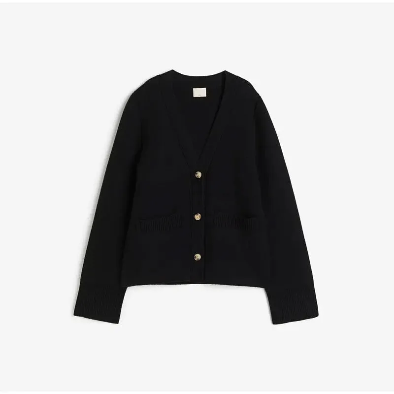 Solid V-neck Single Breasted Cardigan for Women Long Sleeve Pockets Ruched Slim Fit Sweater