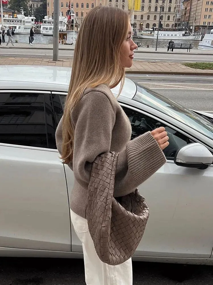 Solid V-neck Single Breasted Cardigan for Women Long Sleeve Pockets Ruched Slim Fit Sweater