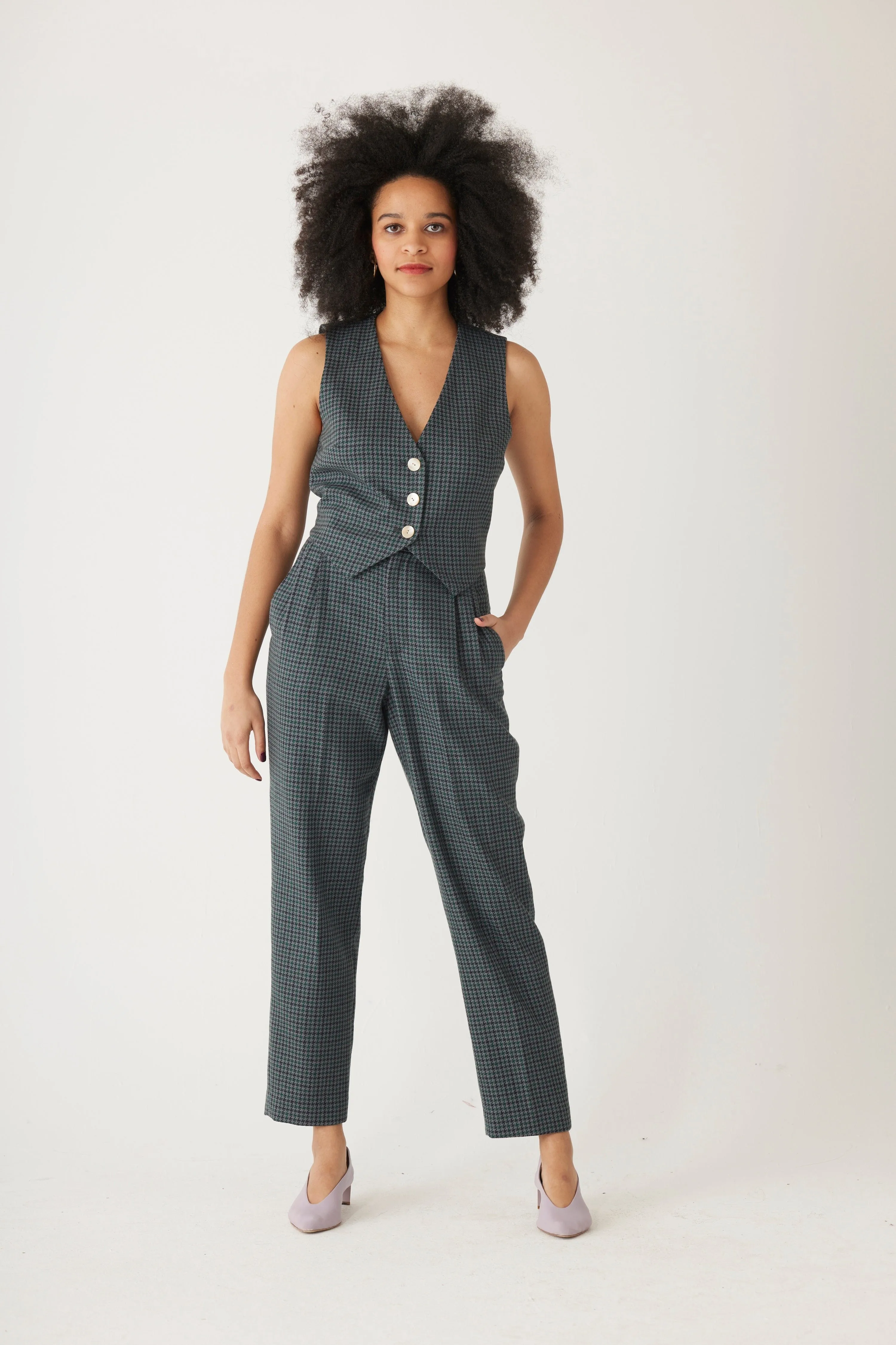 Sophia Trouser in Evergreen Houndstooth Wool