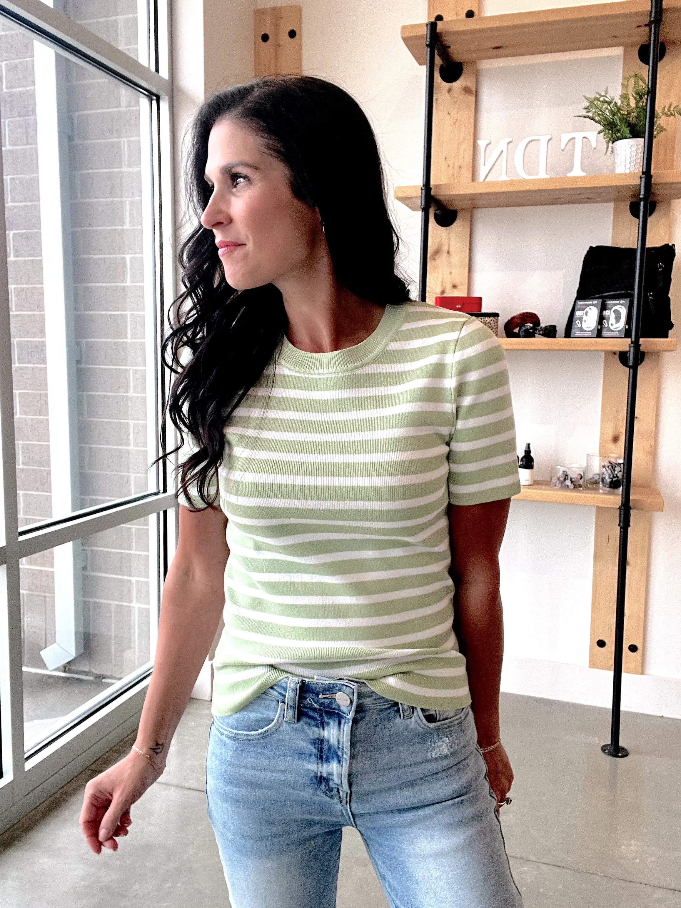 Striped Crewneck Short Sleeve Sweater in Pistachio