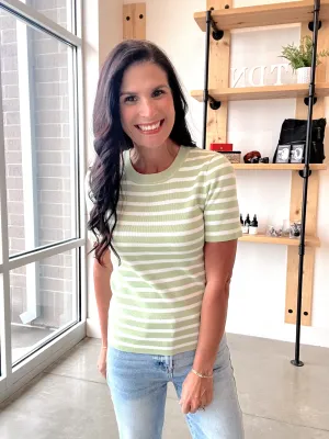 Striped Crewneck Short Sleeve Sweater in Pistachio