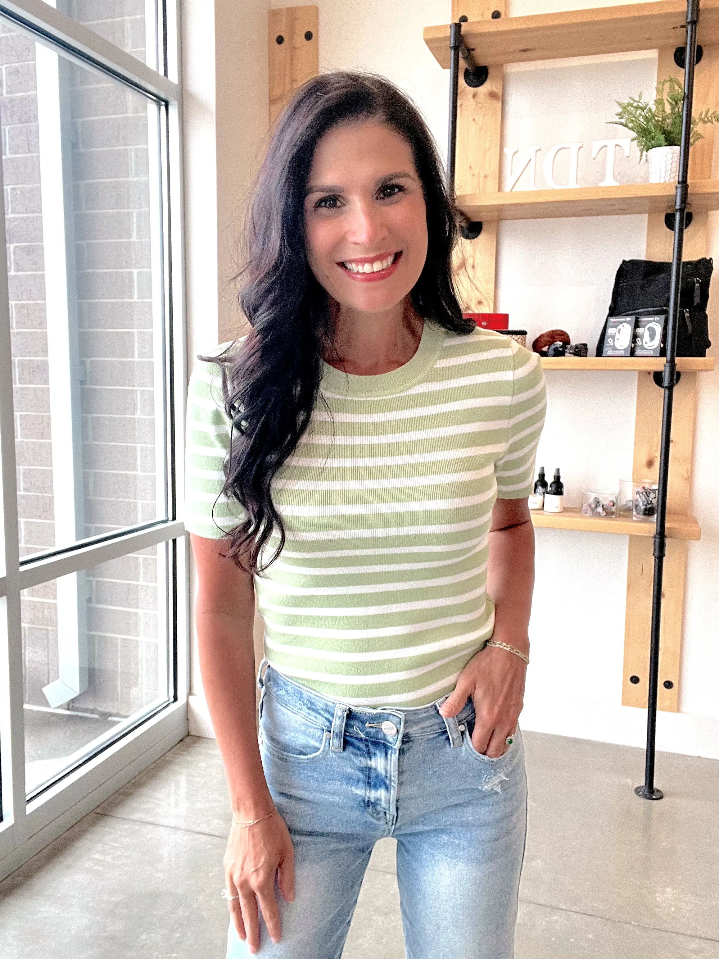 Striped Crewneck Short Sleeve Sweater in Pistachio