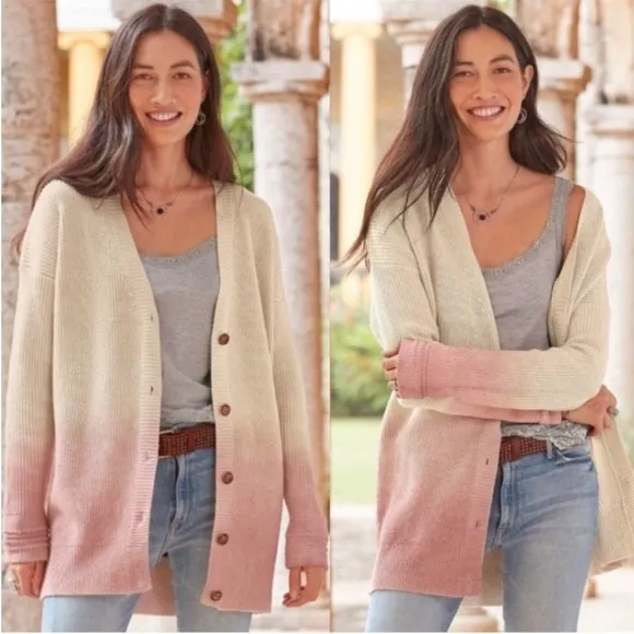SUNDANCE Sunset Moments Ombre Knit Cardigan Sweater inCream/Pink Size S.