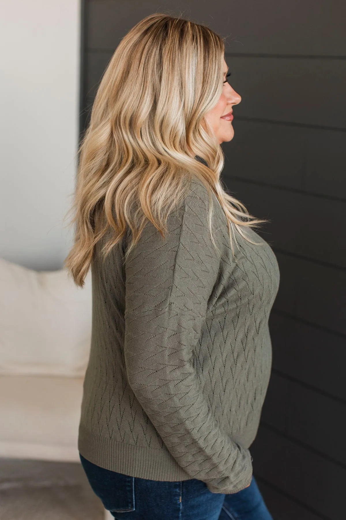 Take Your Word Pointelle Knit Sweater- Dusty Olive