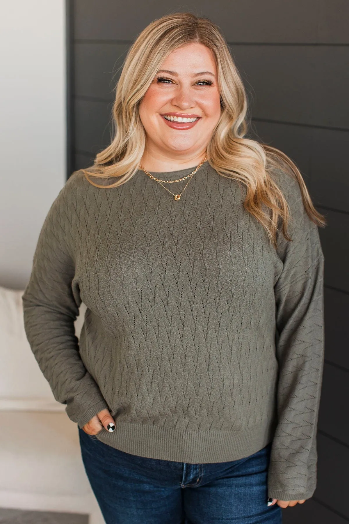 Take Your Word Pointelle Knit Sweater- Dusty Olive