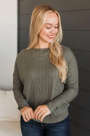 Take Your Word Pointelle Knit Sweater- Dusty Olive