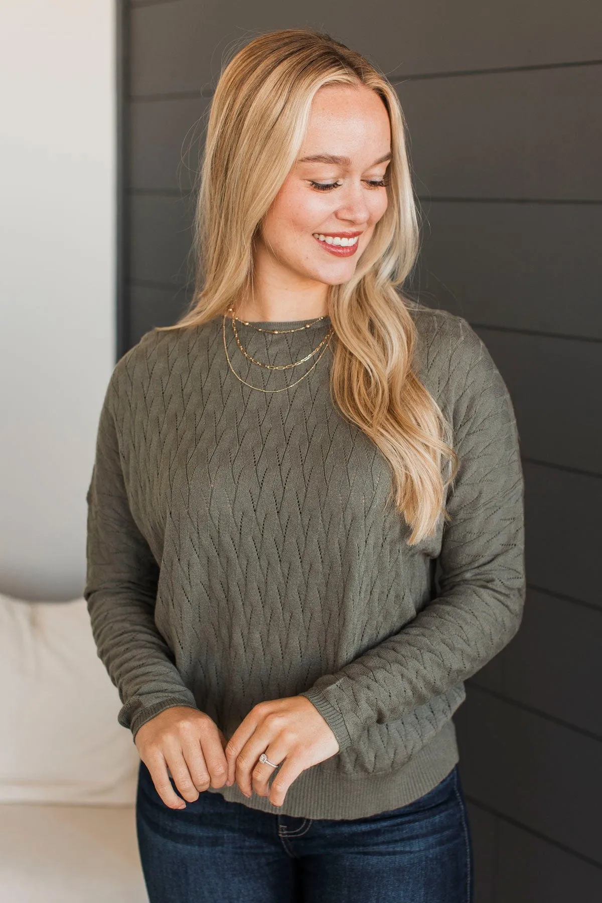 Take Your Word Pointelle Knit Sweater- Dusty Olive