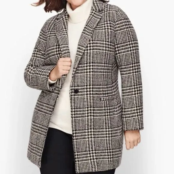 Talbots Long Wool Blend Jacket Coat Black White Glen Plaid 18WP Plus Petite 18