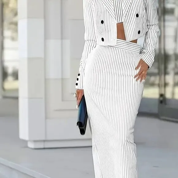 Three-Piece - Striped Print Crop Tube Top, Double Breasted Lapel Blazer &amp; Skirt