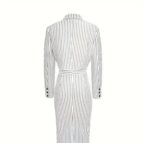 Three-Piece - Striped Print Crop Tube Top, Double Breasted Lapel Blazer &amp; Skirt