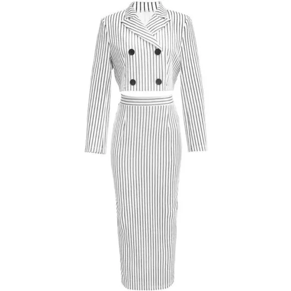Three-Piece - Striped Print Crop Tube Top, Double Breasted Lapel Blazer &amp; Skirt