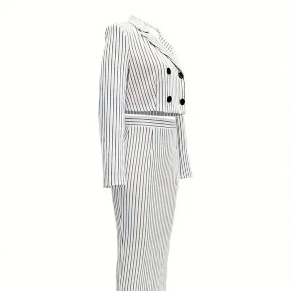 Three-Piece - Striped Print Crop Tube Top, Double Breasted Lapel Blazer &amp; Skirt