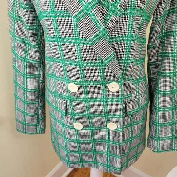 Topshop Green Plaid Black White Checkered Blazer Double Breasted Women's Size 2