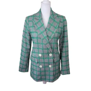 Topshop Green Plaid Black White Checkered Blazer Double Breasted Women's Size 2