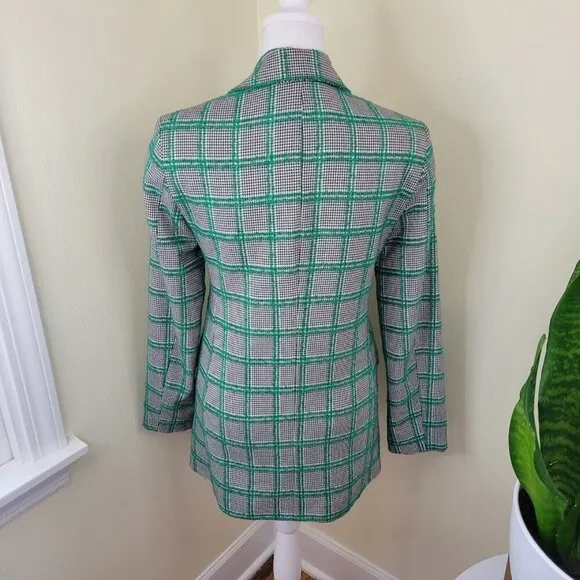 Topshop Green Plaid Black White Checkered Blazer Double Breasted Women's Size 2