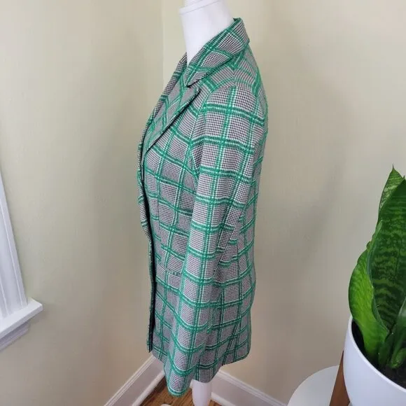Topshop Green Plaid Black White Checkered Blazer Double Breasted Women's Size 2