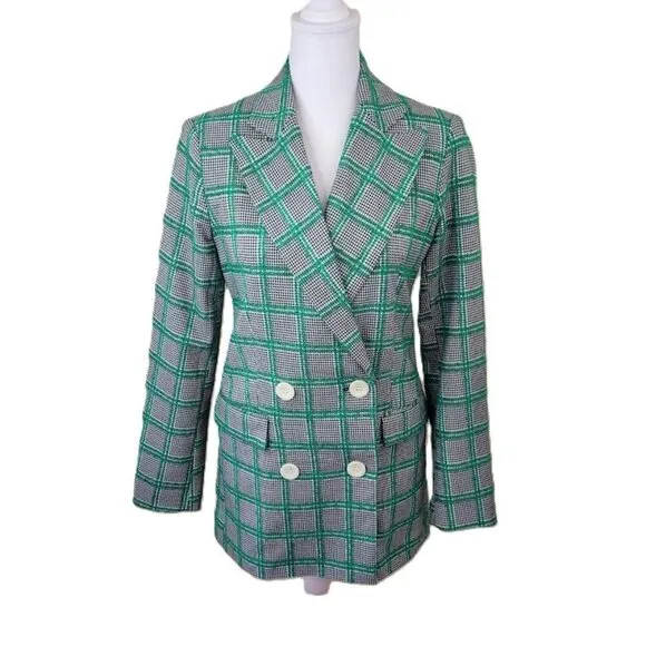 Topshop Green Plaid Black White Checkered Blazer Double Breasted Women's Size 2