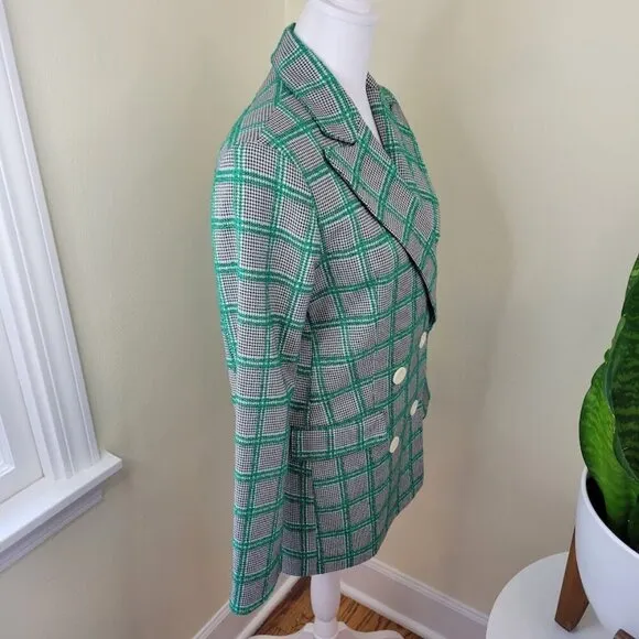 Topshop Green Plaid Black White Checkered Blazer Double Breasted Women's Size 2