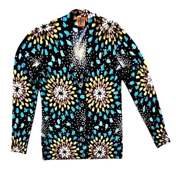 Tory Burch 100% Merino Wool Cardigan Sweater, Sunburst, Sz M, Multi color