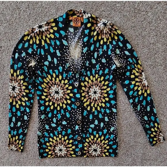 Tory Burch 100% Merino Wool Cardigan Sweater, Sunburst, Sz M, Multi color