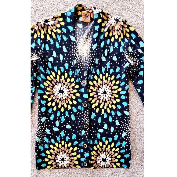 Tory Burch 100% Merino Wool Cardigan Sweater, Sunburst, Sz M, Multi color