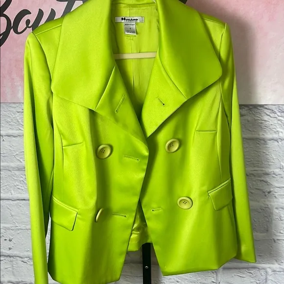 Trendy Peter Nygard Lime Green Blazer Wide Lapels Double Breasted Size 8 Lined