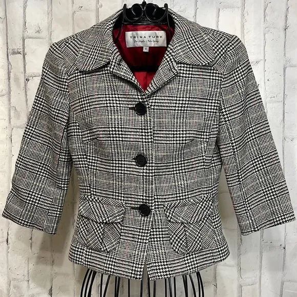 Trina Turk Blazer Plaid Wool Blend Cropped Fully Lined 3/4 Sleeve 3-Button