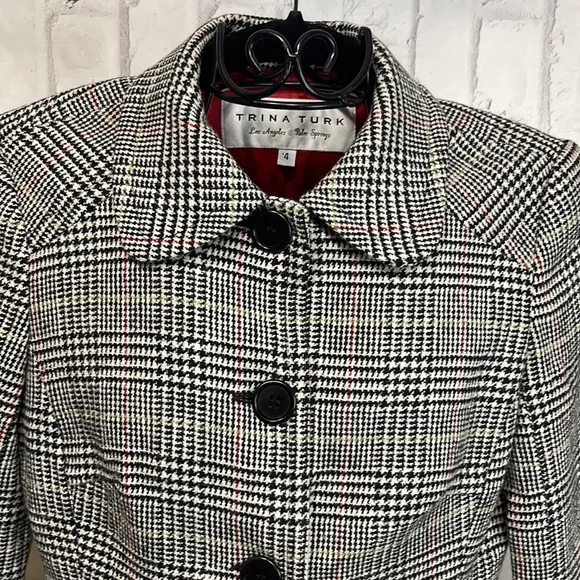 Trina Turk Blazer Plaid Wool Blend Cropped Fully Lined 3/4 Sleeve 3-Button