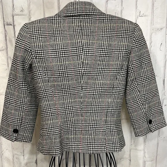 Trina Turk Blazer Plaid Wool Blend Cropped Fully Lined 3/4 Sleeve 3-Button