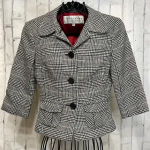 Trina Turk Blazer Plaid Wool Blend Cropped Fully Lined 3/4 Sleeve 3-Button