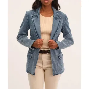Truth By Republic Womens Notch Lapel One Button Denim Blazer Blue Size Small