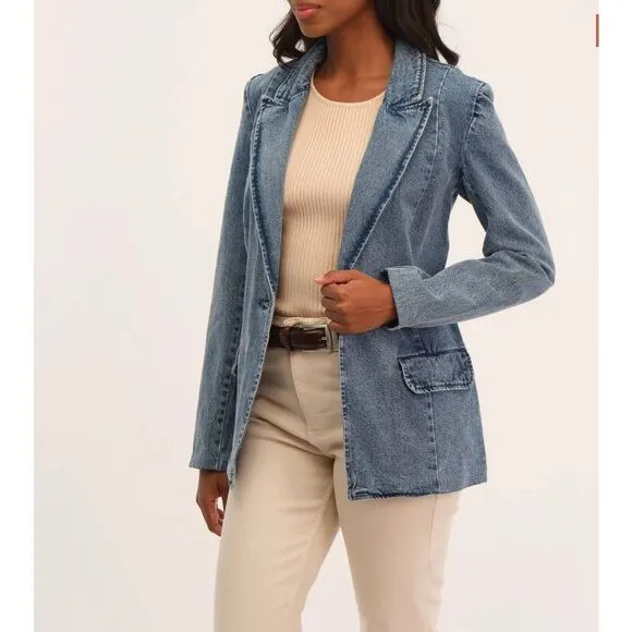 Truth By Republic Womens Notch Lapel One Button Denim Blazer Blue Size Small