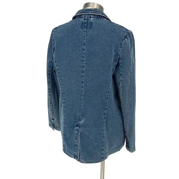Truth By Republic Womens Notch Lapel One Button Denim Blazer Blue Size Small