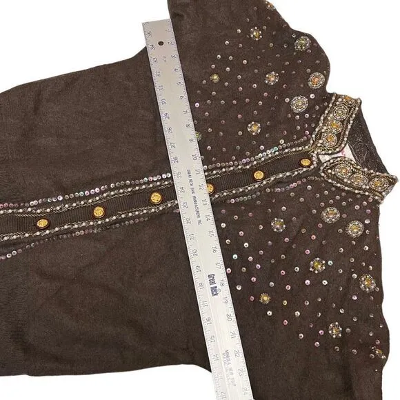 VANGO Angora Cardigan WMNS S Brown Beaded Sequin Pearl Bejeweled Sweater