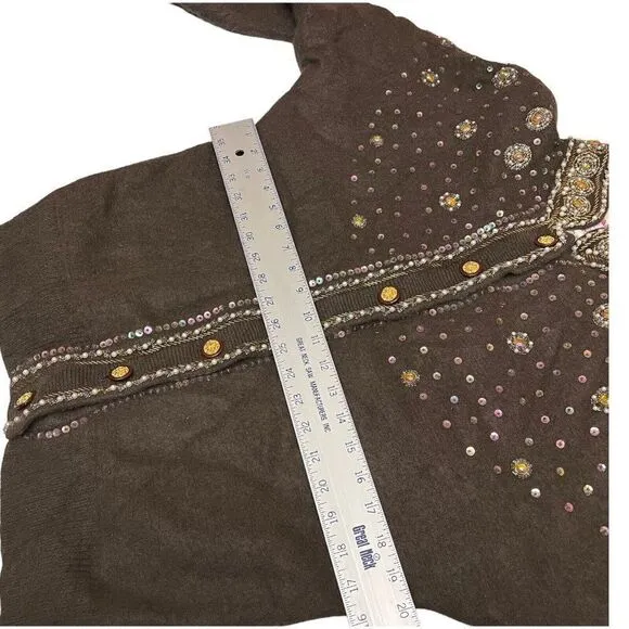 VANGO Angora Cardigan WMNS S Brown Beaded Sequin Pearl Bejeweled Sweater
