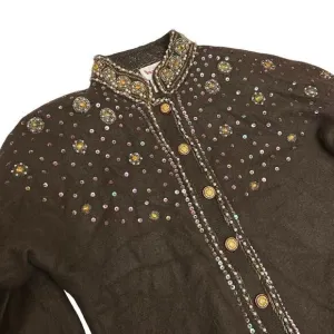 VANGO Angora Cardigan WMNS S Brown Beaded Sequin Pearl Bejeweled Sweater