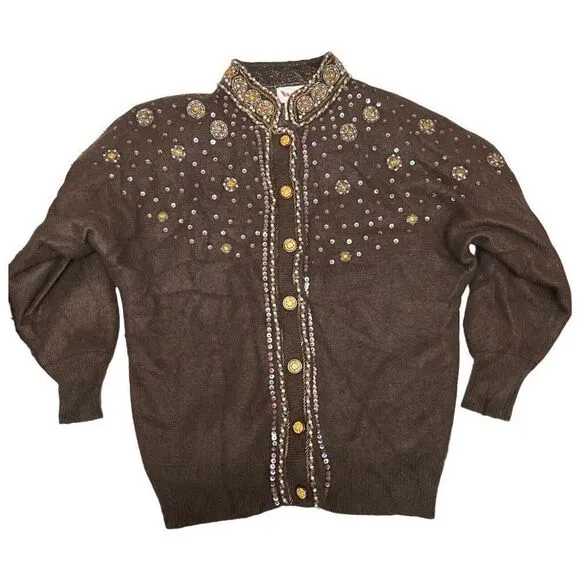 VANGO Angora Cardigan WMNS S Brown Beaded Sequin Pearl Bejeweled Sweater